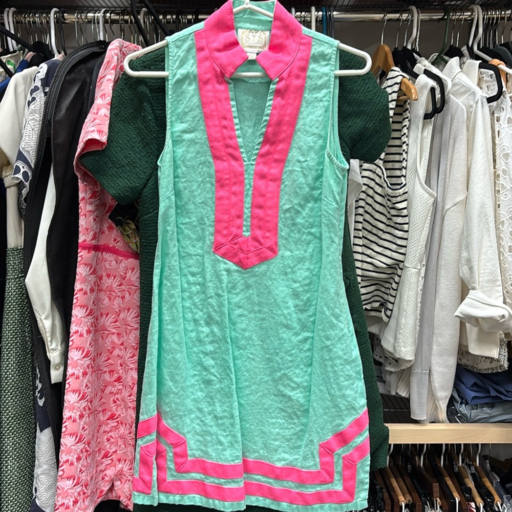 Sail to Sable Navy Sleeveless Classic Tunic Dress Mint Green Trim Linen - small - Picture 2 of 4